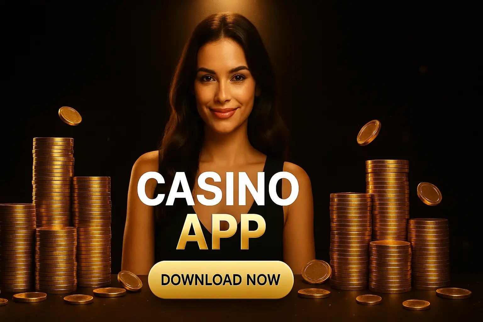 Photorealistic casino app banner with woman, gold chips, coins and download button
