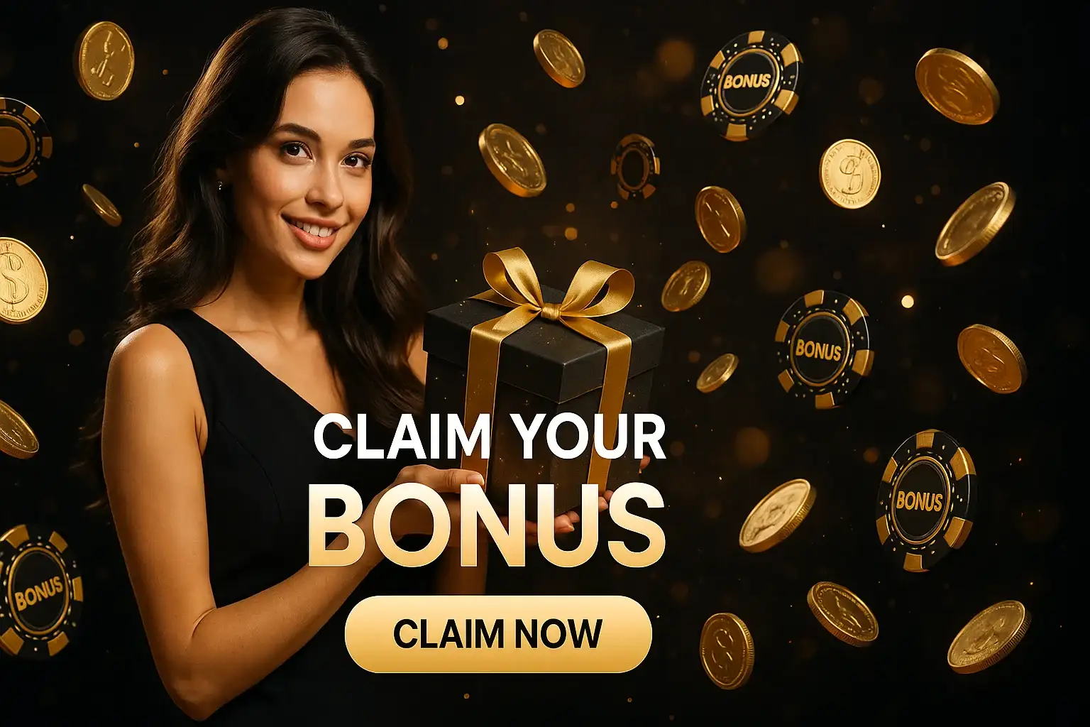 Wide casino bonus banner with woman holding gift box and gold coins