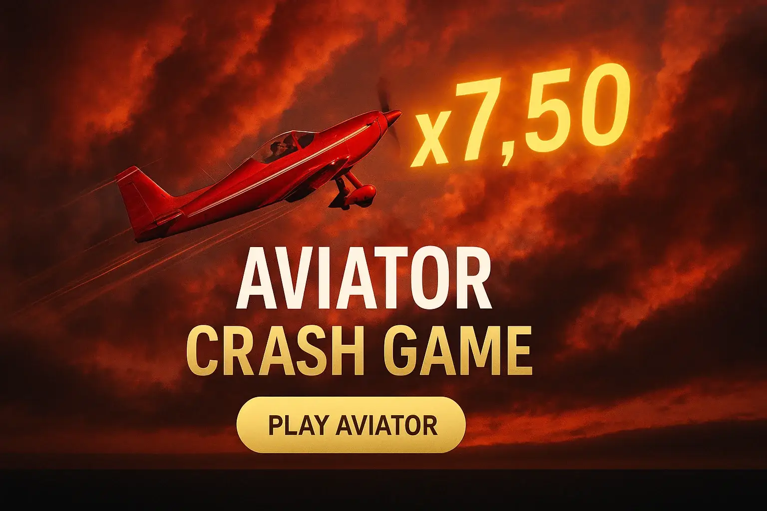Wide crash game banner with red aircraft and glowing x7.50 multiplier