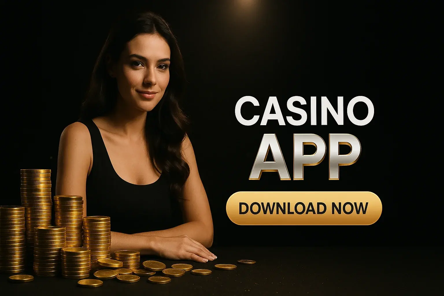 Photorealistic casino app banner with woman, gold chips, and download button