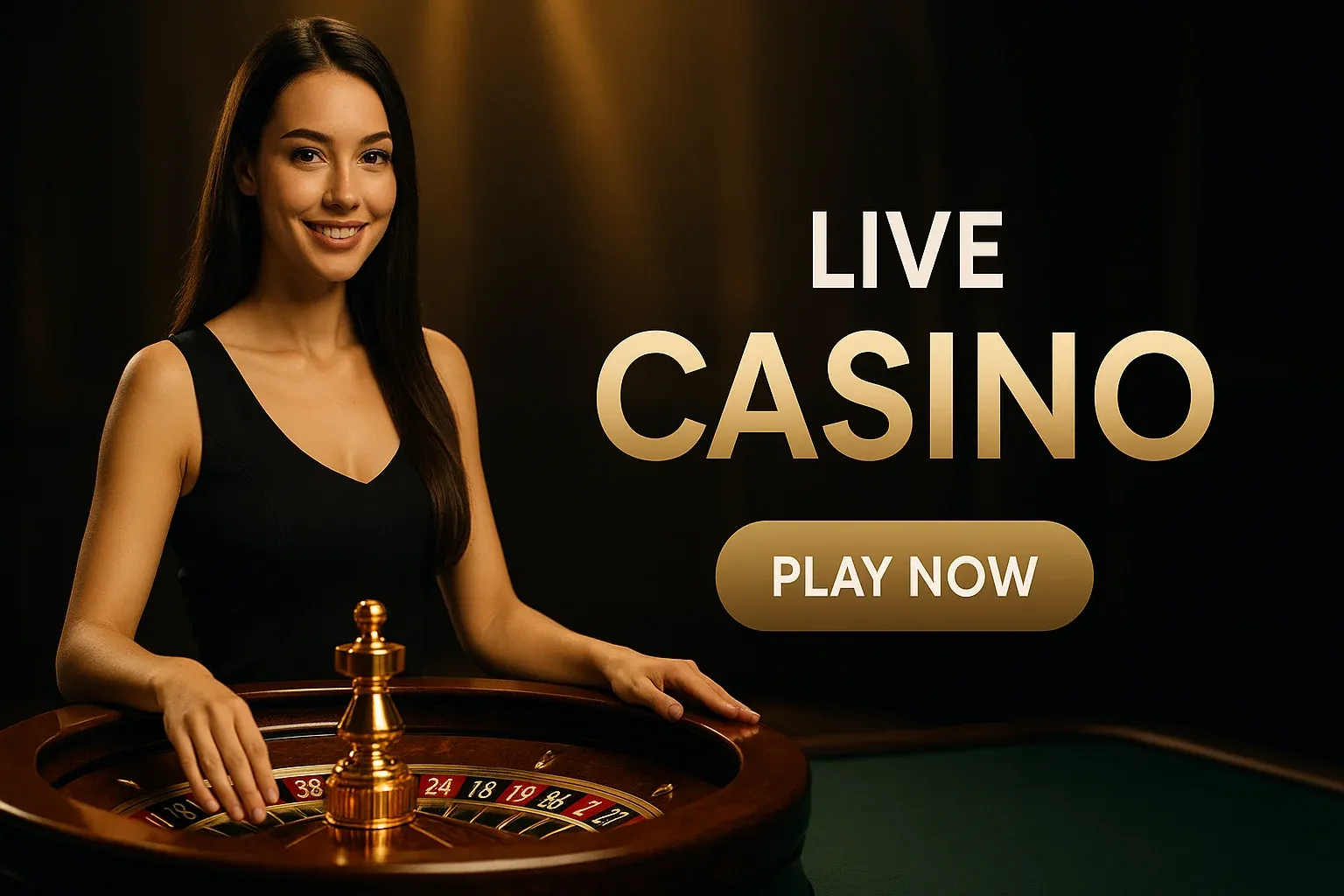 Photorealistic live casino banner with croupier, roulette wheel and play now button