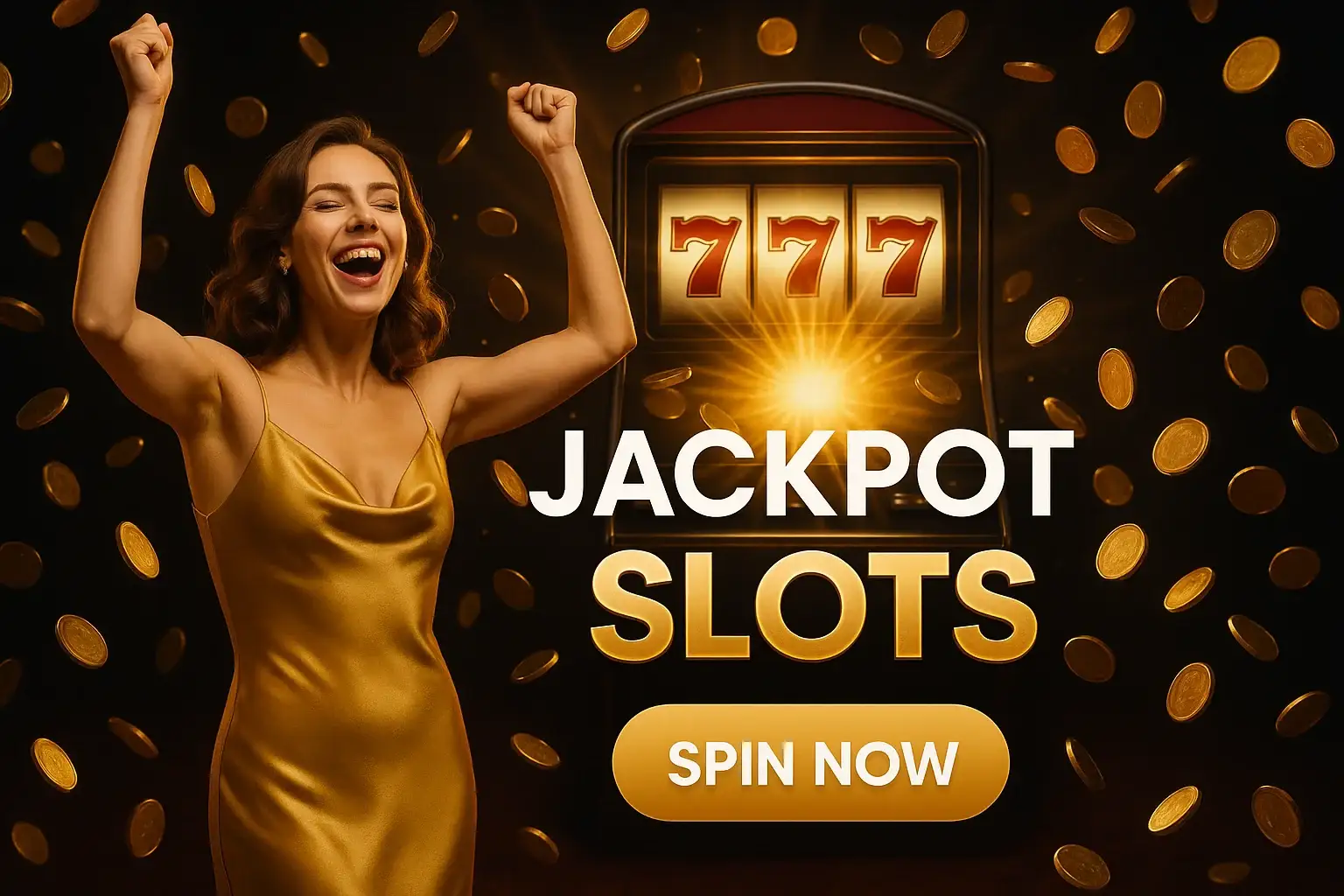 Glamorous British woman celebrating beside 777 slot machine with raining gold coins