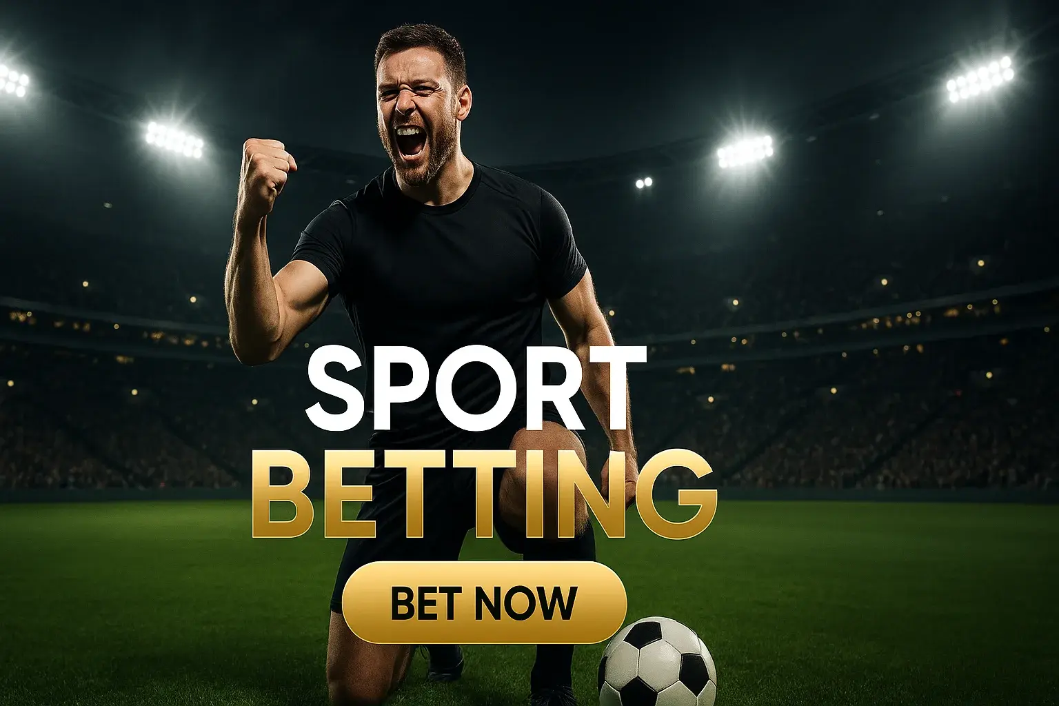 Photorealistic Premier League stadium sports betting banner with British man and CTA